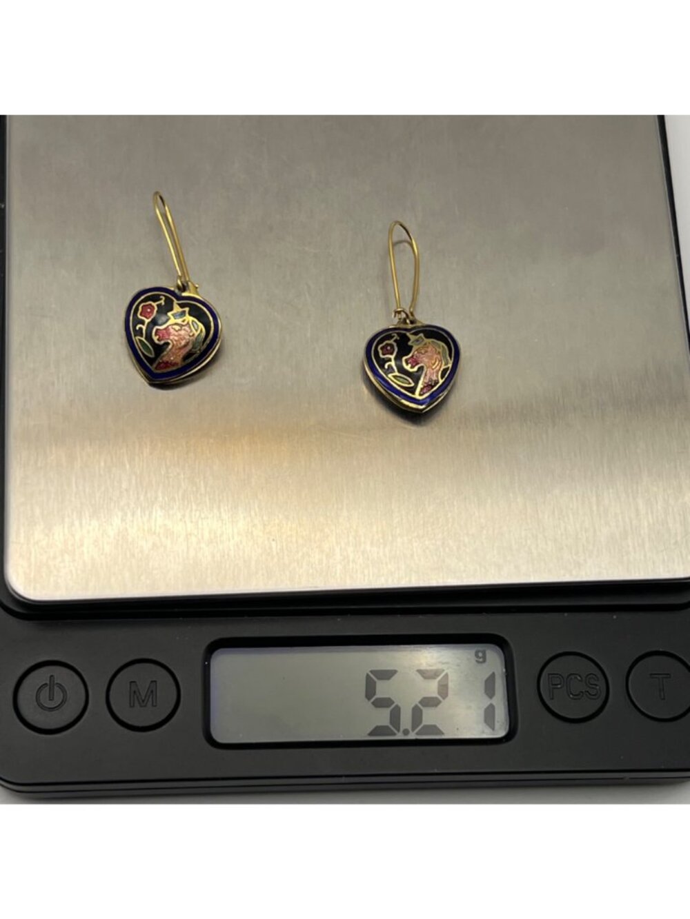 Heart-Shape Cloisonné Earrings Unicorn Gold-Tone Double-Sided Cobalt Blue Black - Picture 2 of 10